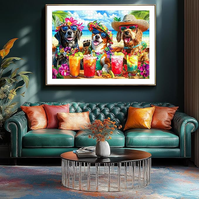 Puzzle 1000 Pieces Adult Tropical Dogs Beach Party Hawaiian Vacation Summer Cocktail Funny Animal Jigsaw Puzzles for Adults Difficult Challenging Family Game Night Gift Decor