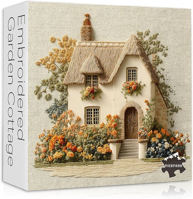 Embroidered Cottage Puzzle for Adults 1000 Pieces, Flower Garden Countryside Puzzle Cottage, Cozy Vintage Cottagecore Floral Art Jigsaw Puzzle, Retro Home Wall Decor
