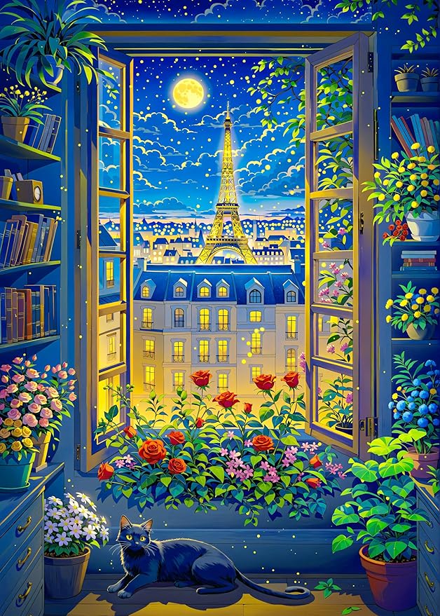 Cat in Paris. TUMBAUMBA, Puzzles for Adults 1000 Pieces, Detailed Art Puzzle, Mate Finish Jigsaw Puzzles, Poster Included, Challenging Atmospheric France Puzzles, Cozy Evening Paris Scene