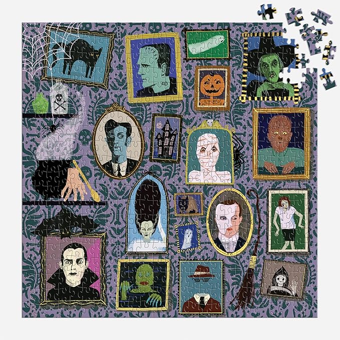 Galison Spooky Portraits – 500 Piece Foil Jigsaw Puzzle Featuring Scary Artwork of A Victorian Style Wall Filled Spooky Portraits with Gold Foil Accents