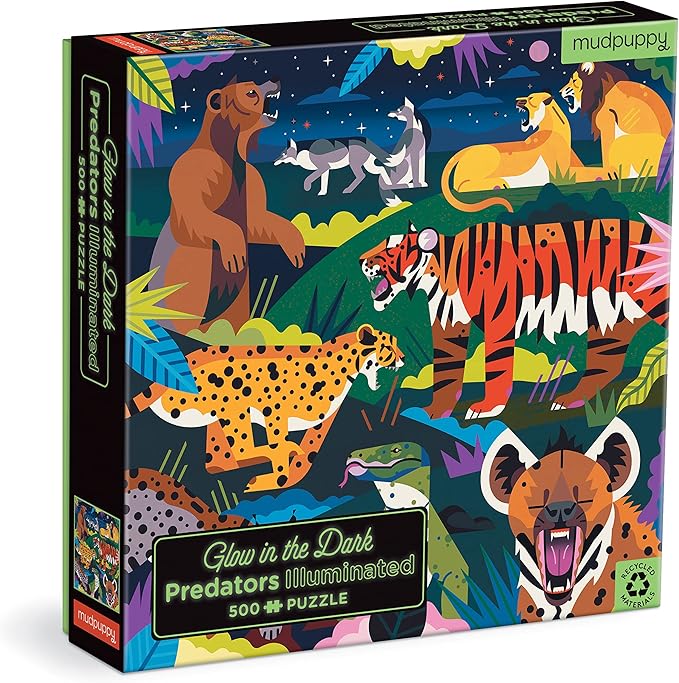 Mudpuppy Predators Illuminated 500 Piece Glow in The Dark Jigsaw Puzzle for Kids and Families, Family Puzzle with Glow in The Dark Predators Theme