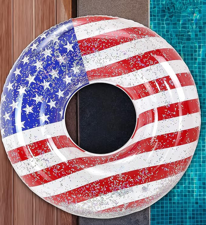 POZA Inflatable USA Pool Float - Luxurious Fun Lounger Filled with Sparkle Silver Stars Confetti, Cool USA Flag Design Water Swimming Pool Floaties for Beach, Lake & Pool