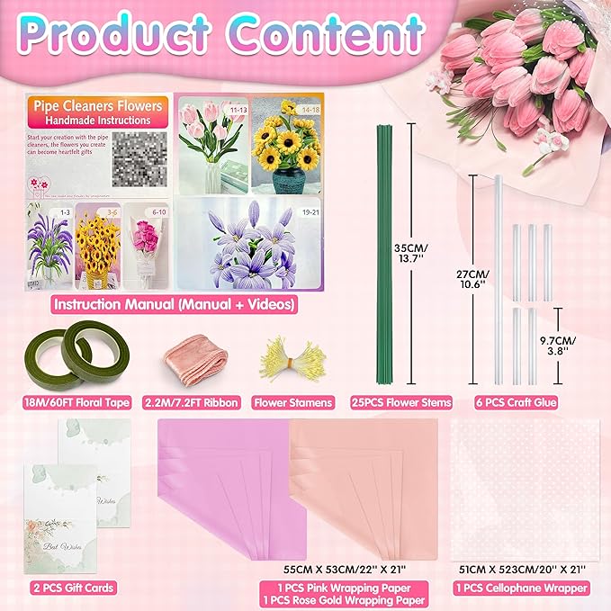 LINAYE 500 PCS Pipe Cleaners Craft, 6 Colors Pipe Cleaners Flowers Kit, Chenille Stems for Crafts with Instruction Wrapping Paper, Flower Stamens, Stems Art and Craft Supplies Pink (12inch x 6mm)
