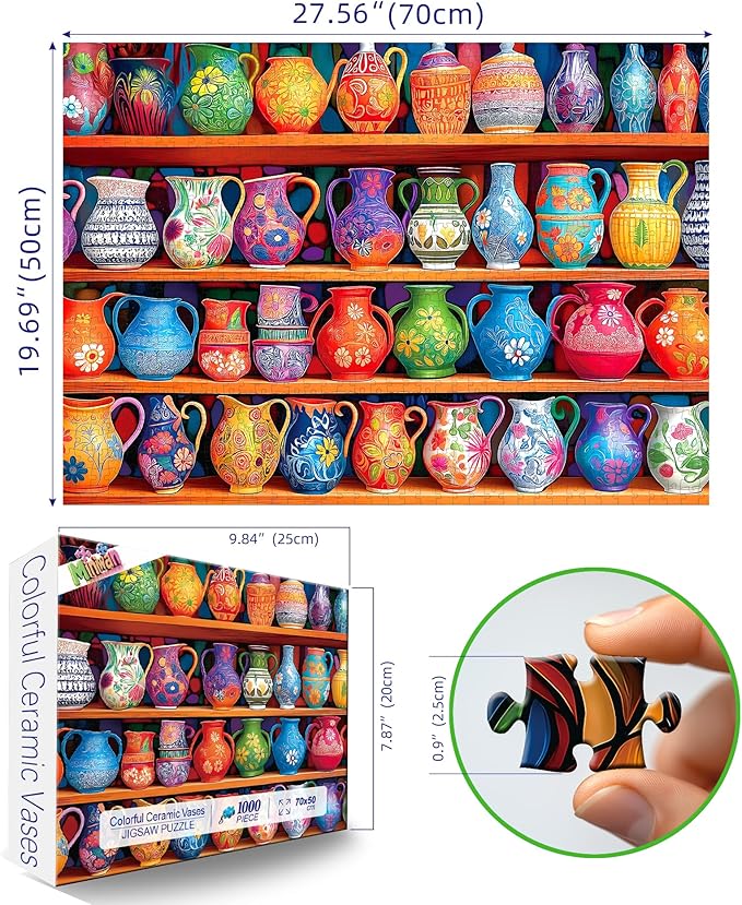 MINIWAN Vibrant Hand-Painted Floral Pottery Vases Puzzles for Adults 1000 Pieces, Colorful Painted Ceramic Jugs On Shelves Jigsaw Puzzle, Gift for Pottery & Art Lovers 27.5 x 19.7 Inches