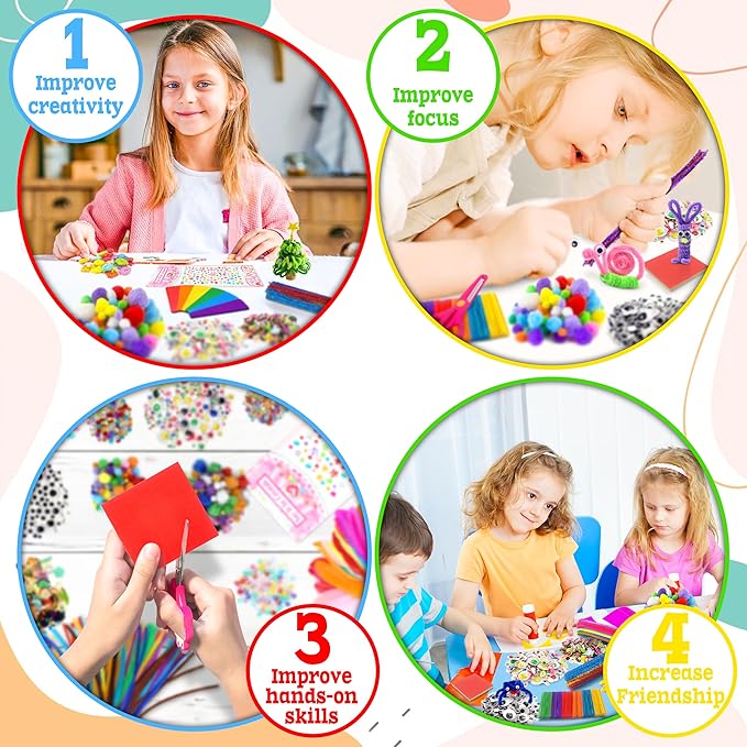LINAYE 3000PCS Arts and Crafts Supplies Kit for Kids, DIY Craft Box Kits, Craft Supplies Set Include Pompoms, Pipe Cleaners for Kids Ages 4-6 6-8 Birthday Christmas Gifts for Boys Girls Rose