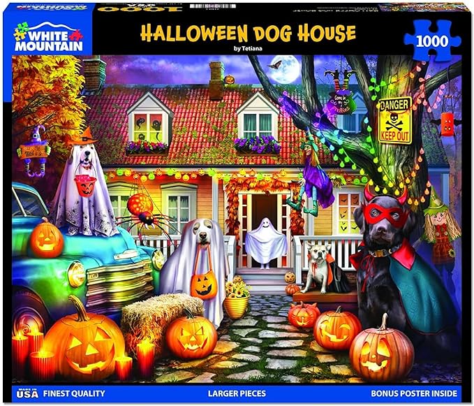 White Mountain 1000 Piece Jigsaw Puzzle Spooky Fall Dog Puzzles with Large Pieces, Gifts for Adults and Family 24"x30" - Halloween Dog House