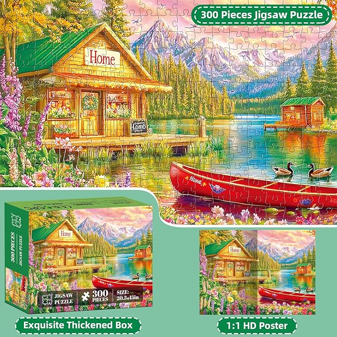 300 Pieces Puzzles for Adults,Lakeside House & Red Boat Puzzle,300 Pieces Puzzle for Seniors Large Piece,Mountains Jigsaw Puzzles for Kids Ages 8-10,Challenging Family Games, 20.5 x 15 in