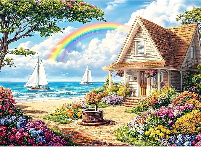 500 Piece Puzzles for Adults, Cozy Beach Cottage 500 Piece Puzzle, Vibrant Rainbow Sky Jigsaw Puzzle, Perfect for Family Game Night, Home Wall Decor, Ideal Gift for Adults, Kids, Seniors, 20.5 x 15 in