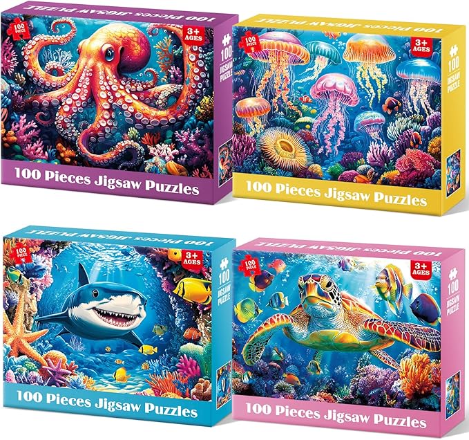 4 Pack 100 Piece Puzzles for Kids Ages 4-8, Large Piece Kids Puzzles Ages 4-6 6-8 8-10, Ocean Theme Jigsaw Puzzle Toys, Educational Family Puzzles Gifts for Boys and Girls