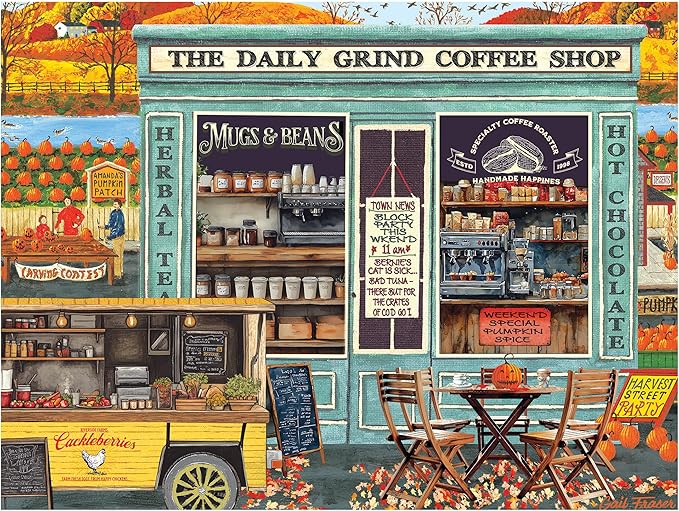 RoseArt - Kodak Premium - The Daily Grind Coffee Shop 350 Piece Jigsaw Puzzle - Cozy Autumn Coffee Shop Scene – Adult Puzzle – Finished Size Approx. 18" x 24", Made in USA