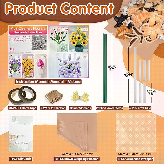 LINAYE 500 PCS Pipe Cleaners Craft, 6 Colors Pipe Cleaners Flowers Kit, Chenille Stems for Crafts with Instruction Wrapping Paper, Flower Stamens, Stems Art and Craft Supplies Brown