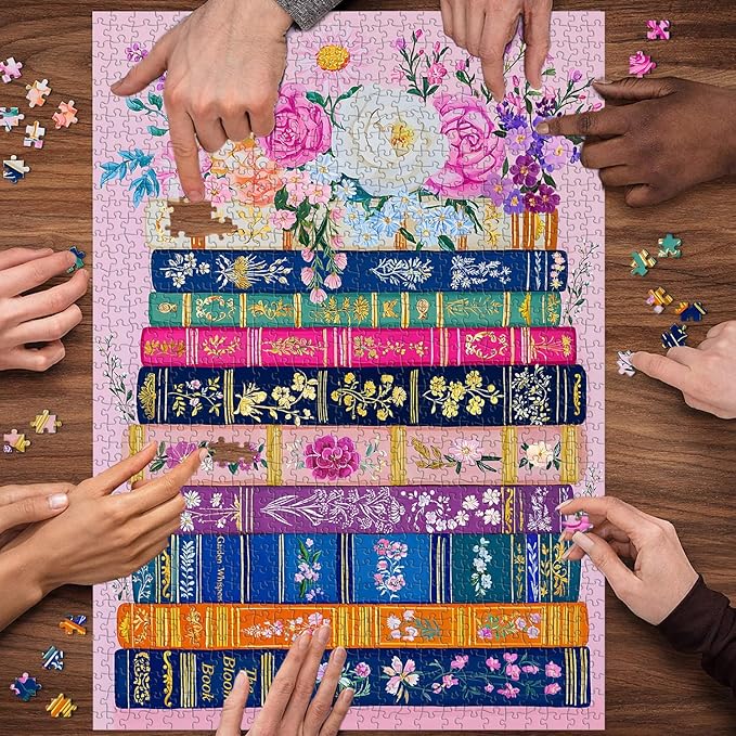Colorful Flower Book Puzzles for Adults 1000 Piece, PICKFORU Wildflower Pages Jigsaw Puzzles Library, Impossible Spring Floral Art Theme for Book Lovers