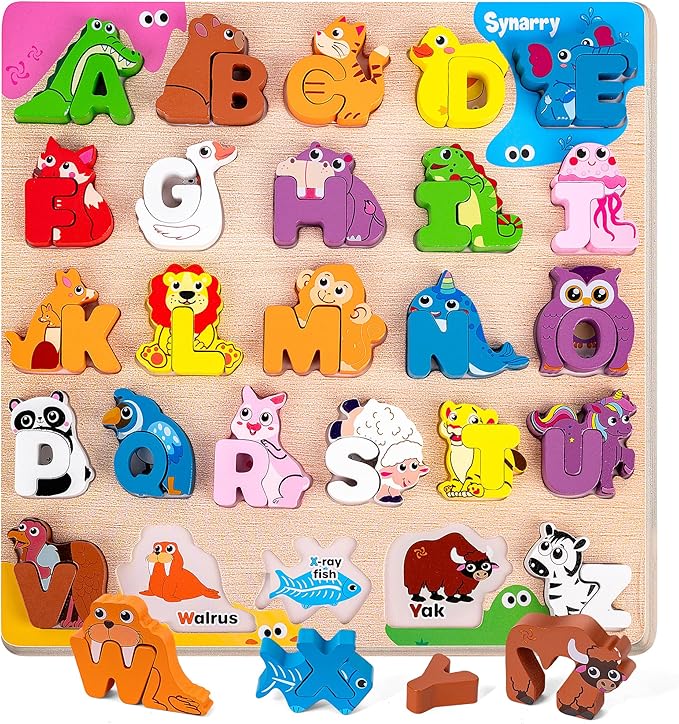 SYNARRY Wooden Alphabet Puzzle, 52 Pieces ABC Puzzles for Kids Ages 3-5, Alphabet ABC Letter Blocks Puzzles for Toddlers 2-4, Animals Letter Matching Preschool Learning Toys, Easter Gifts for Kids