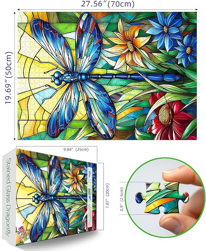 MINIWAN 1000 Piece Stained Glass Blue Dragonfly Wildflowers Jigsaw Puzzle for Adults, Colorful Mosaic Insect Floral Art Puzzle, 27.5 x 19.7 Inch Gift for Nature & Art Lovers