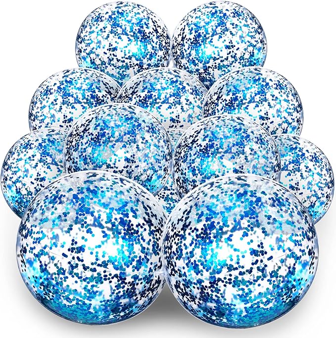 Lewtemi 12 Pcs Inflatable Glitter Beach Balls 16 Inch 24 Inch Shiny Giant Confetti Balls Swimming Pool Beach Blow up Balloon for Outdoor Summer Party Wedding Decor(Blue)