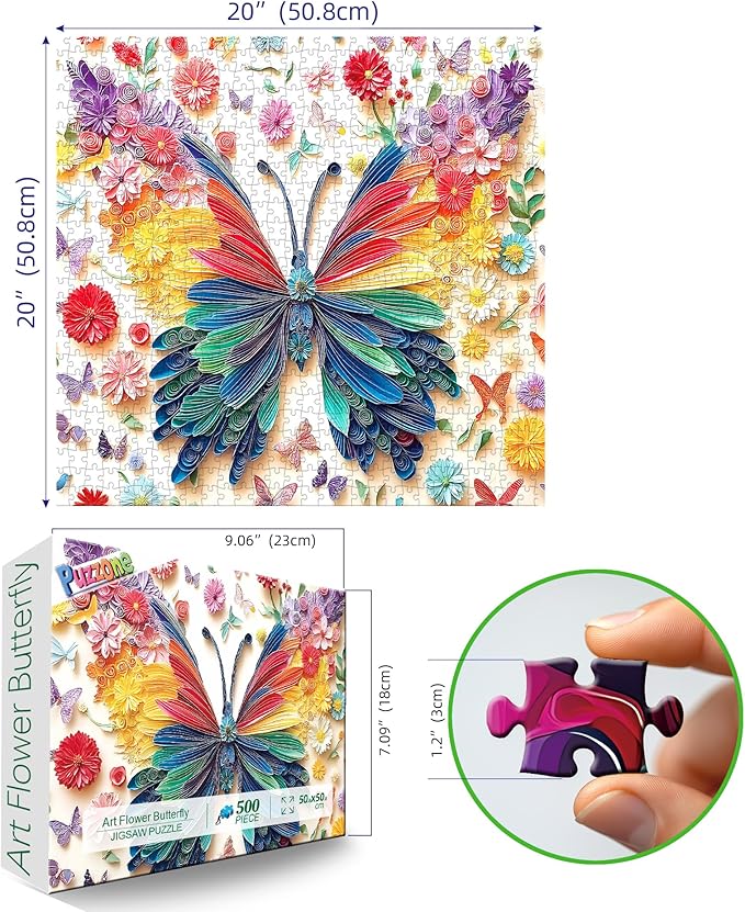 Butterfly Puzzles for Adults 500 Pieces, Colorful Paper Art Flower Butterfly Jigsaw Puzzles Challenging for Family Fun Party Game Gifts Decoration (20 x 20 Inch)