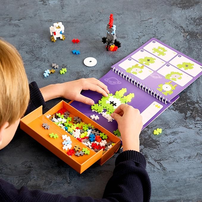 Plus Plus Puzzle By Number Activity Pad, Kids Travel Activities, Interlocking Mini Building Blocks, 3D Puzzle Stem Toy for Kids - Space