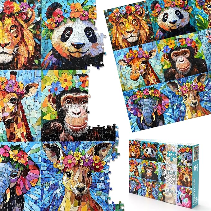 1000 Piece Puzzles for Adults - Colorful Mosaic Wildlife Jigsaw Puzzle, Jungle Animals with Flowers Design Perfect for Family Game Nights