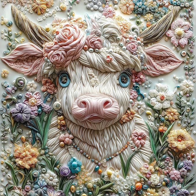 MINIWAN 500 Piece Puzzles for Adults - Quilling Art Highland Cow Floral Jigsaw Puzzle, 20x20 Inches 3D Effect Large Piece Art Puzzle for Relaxation & Home Wall Decor