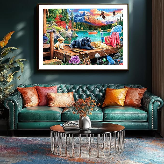 Lake Dock Puppies 500 Piece Puzzles for Adults Mountain Forest Outdoor Scene Jigsaw Puzzle with Cute Dogs,Ducks & Fishing Gear - Challenging Family Game for Adults Ideal Gift
