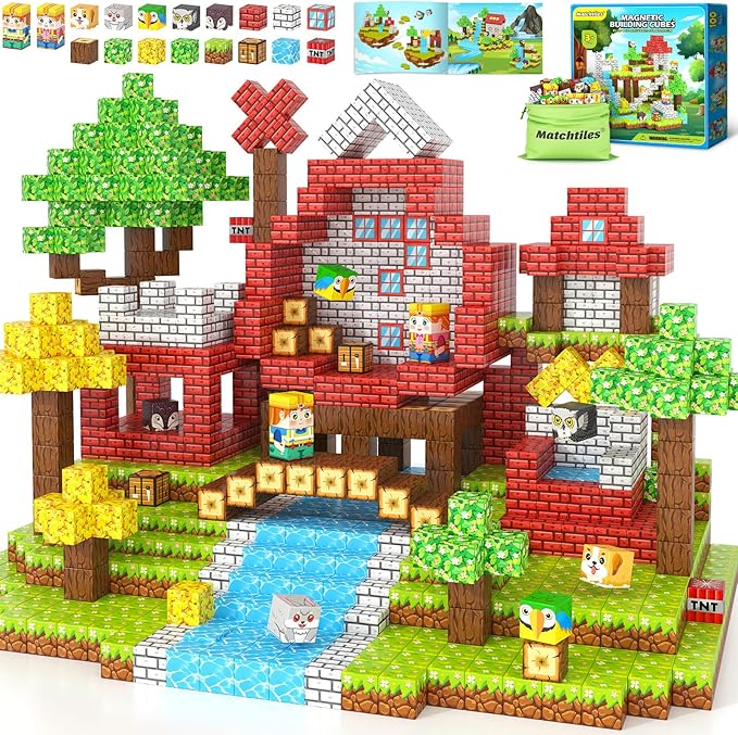 100 PCS Magnetic Building Blocks, Mine World Forest Animals Set, Magnet Cube Construction Toys for Kids Age 3-8, STEM Sensory Gift for Boys & Girls