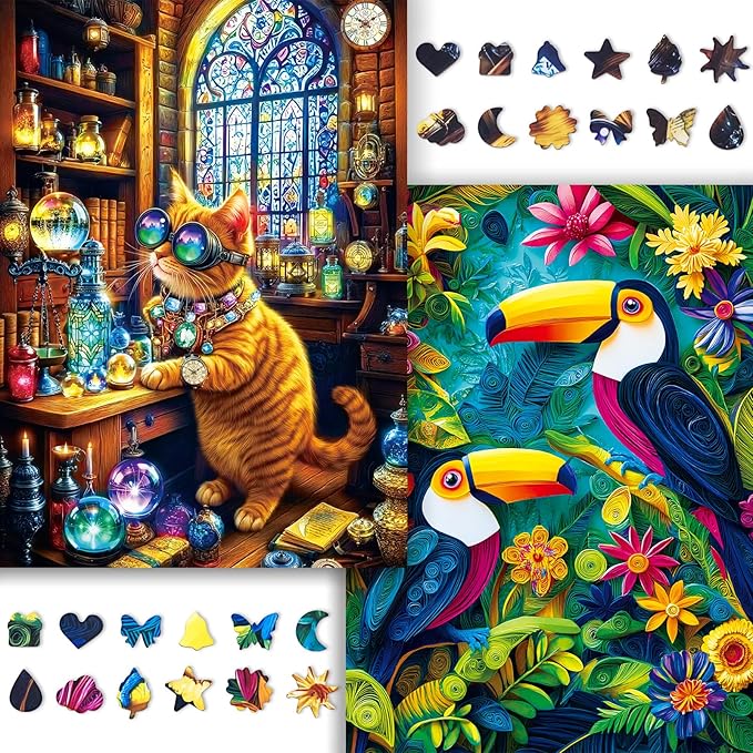 Puzzles 1000 Pieces for Adults, 2 Pack Unique Shape Puzzles for Adults, Toucans and Science Cat Theme, Fun Games in Party