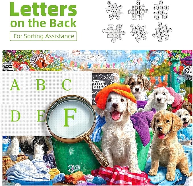 Puppy Party 1000 Piece Jigsaw Puzzle for Adults Dog Playful Scene Colorful Clothes Laundry Day Puzzles with Letters on Back Adult Games for Game Night Fun, 27x20 Inch