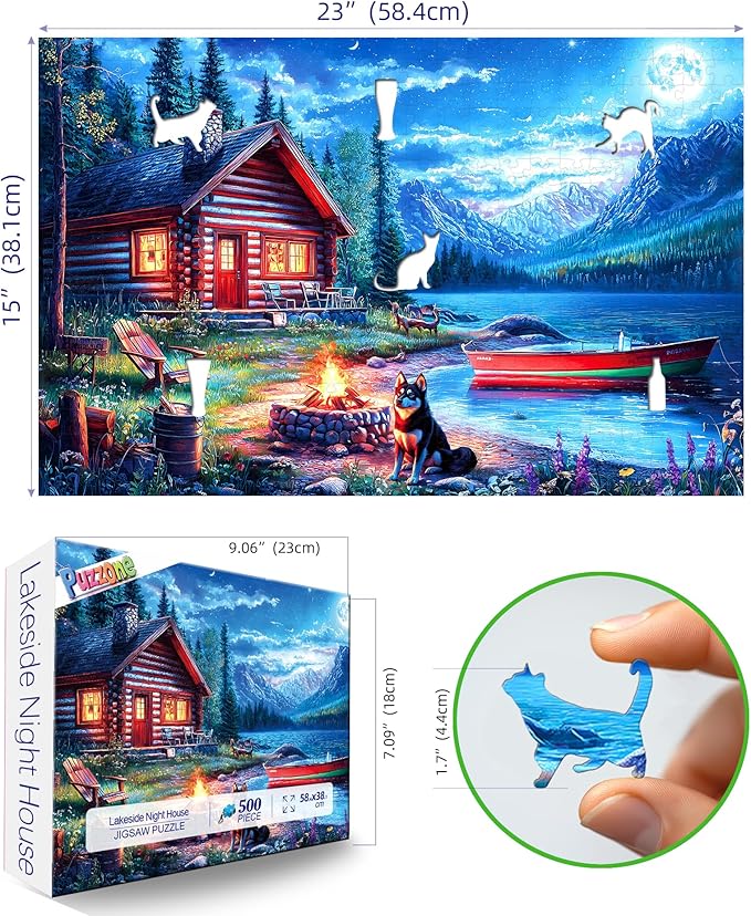 Moonlit Lake Cabin 500 Piece Jigsaw Puzzle for Adults & Seniors, Night Scenery Puzzle with Log Cabin, Lake, Mountains Adult Jigsaw Puzzles with Letters on Back Fun Family Puzzle Gift