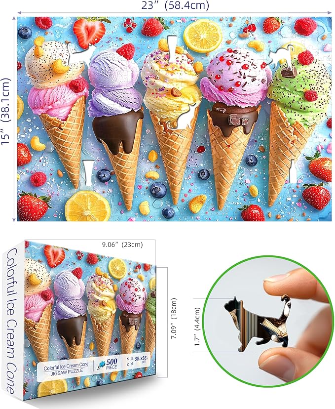 500 Piece Puzzle for Adults, Jigsaw Puzzles with Ice Cream Cones with Fruit, Funny Puzzle, Perfectly Fitting Pieces, Home Decor Birthday Party Gift for Adults Seniors 23"x15"