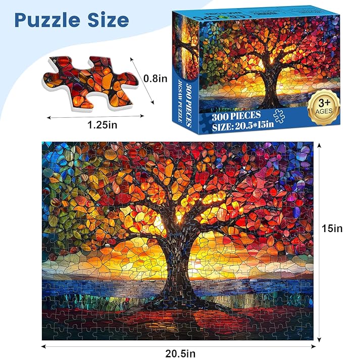 Stained Glass Puzzle, Glass Tree Puzzles for Adults 300 Pieces, Stained Tree of Life Puzzle 300 Pieces, Creative Games and Holiday Party Gifts, Fun and Challenging Family Games, 20.5 x 15 inches