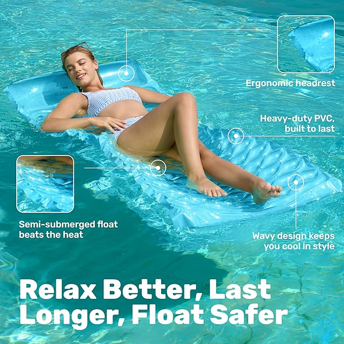 SLOOSH Inflatable Pool Floats Raft,Floating Lounge for Adults,64x32 inch Swimming Mat Pool Mattress with Headrest,2 Pieces Float Air Mat for Summer Water Beach Fun