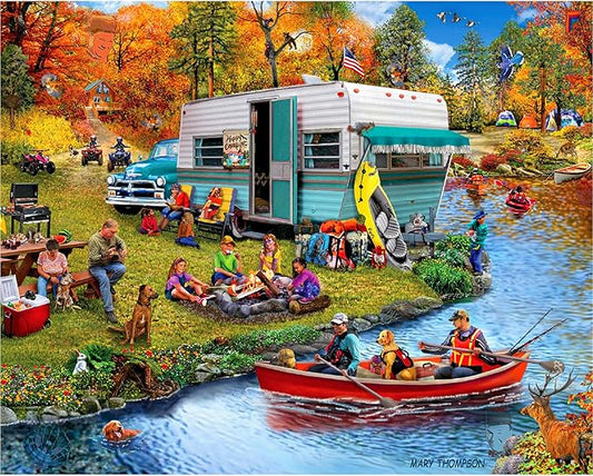 White Mountain 1000 Piece Jigsaw Puzzle Autumn and Fall Lake Puzzles with Large Pieces Gift for Adults and Family 24"x30" - Happy Camping - Seek & Find