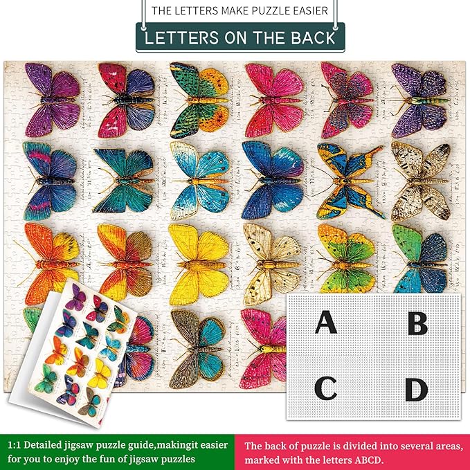 1000 Piece Puzzles for Adults,Butterfly Specimen Jigsaw Puzzle 1000 Pieces for Adults Seniors,Challenging Family Games Holiday Party Gifts -1:1 Poster Interlock Perfectly Letter on Back