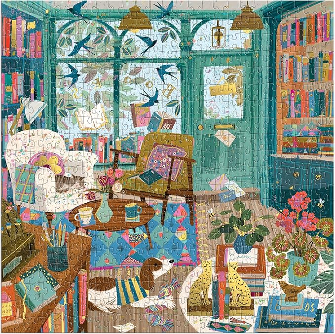 Galison Bookshop Afternoon – 500 Piece Foil Puzzle Fun and Challenging Activity with Bright and Bold Bookshop Themed Artwork for Adults and Families