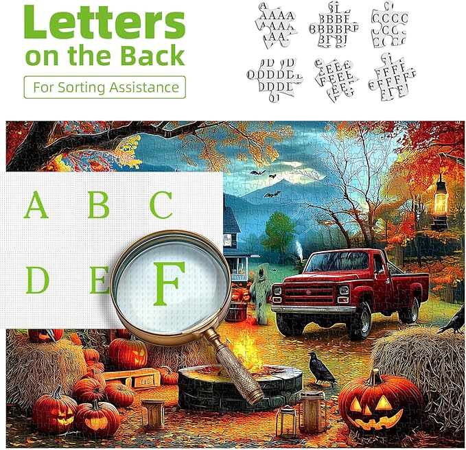 Halloween 1000 Piece Puzzle for Adults, Halloween Jigsaw Puzzle Autumn Fall Horror Spooky Scarecrow Heaven Scene with Pumpkin Lanterns & Ghost Truck for Party Game, Family Fun