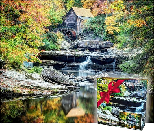 1000 Piece Puzzle for Adults - Scenic Autumn Grist Mill with Waterfalls, Gift-Ready Box, Letters on Back, 8 Jigsaw Puzzle, Saver Sheets & Full-Size Poster by GERJATO - Ideal Gift for Loved Ones