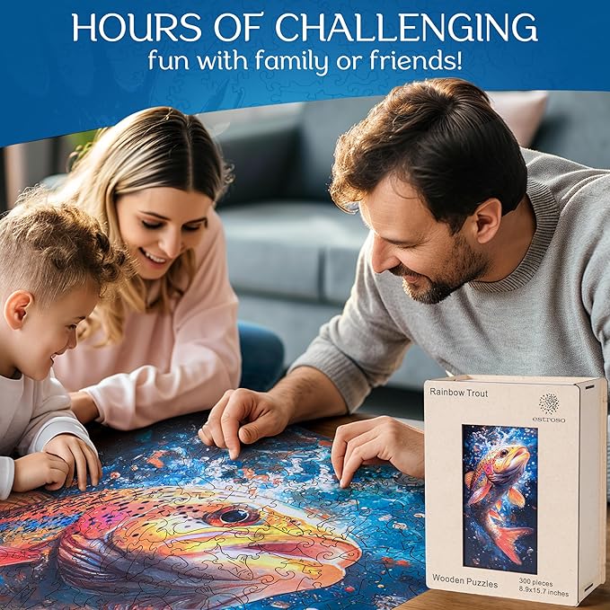 ESTROSO Magical Wooden Puzzle for Adults with Beautiful Rainbow Trout Fish Design - 300 Piece Each Luxury Unique Shape Wooden Puzzle with Exquisite Wooden Box for Gift - 8.9x17.7 Inch