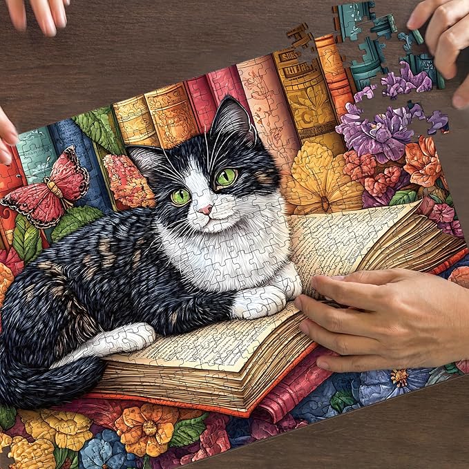 Puzzles for Adults 500 Pieces, Cat Jigsaw Puzzles - Blooming Book Cat, Impossible Book Art Puzzles for Seniors Family, 20.47x14.96 inches, 1:1 Poster, Letter on The Back