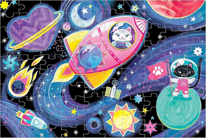 Mudpuppy Cosmic Dreams – 100 Piece Glow in The Dark Jigsaw Puzzle with an Outer Space Scene of Astronaut Cats and Hidden Planetary Details in The Dark