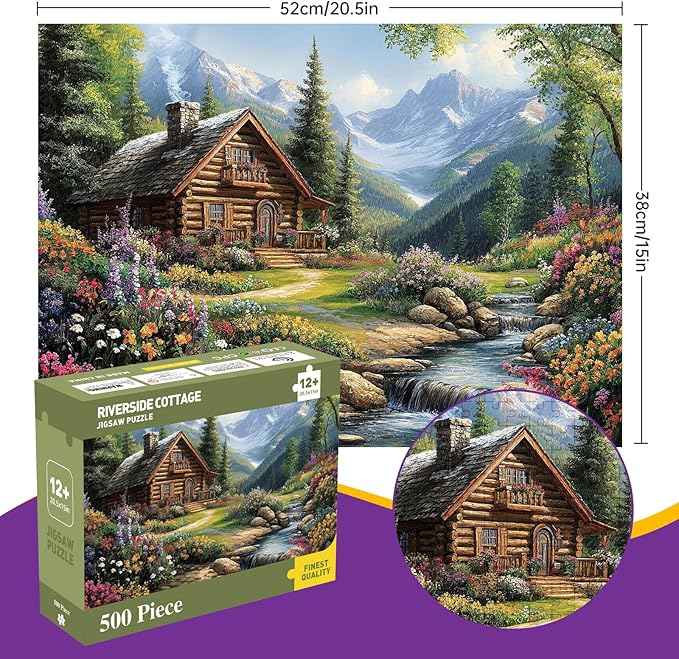 500 Piece Puzzle for Adults, Spring Riverside Cabin Jigsaw Puzzles 500 Pieces, Village Nature Puzzles for Adults 500 Pieces, Home Decor Birthday Party Gift Toy for Men Women Elders, 20.5 x 15 in
