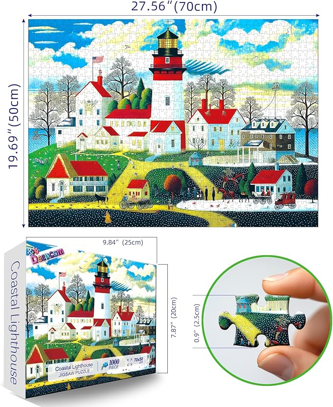 New England Coastal Village Lighthouse Jigsaw Puzzle, 1000 Pieces, Scenic Seaside Art with Horse Carriages, Traditional Folk Art Style