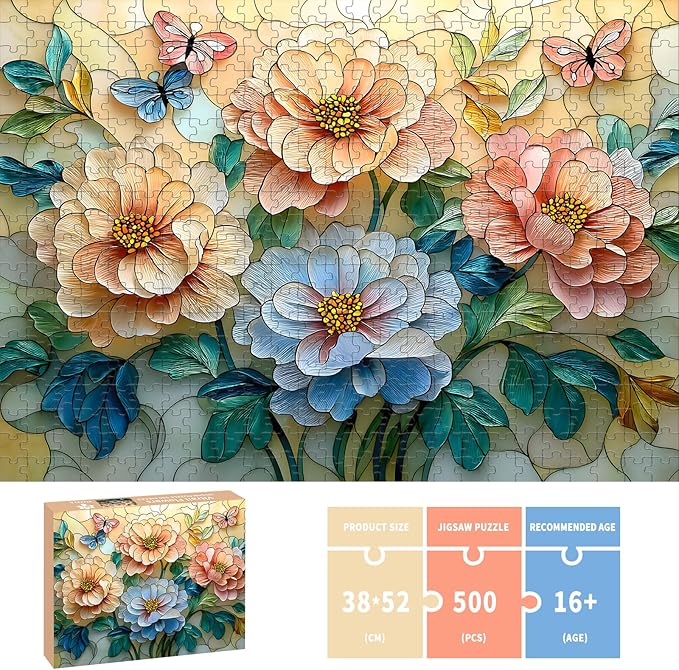 Puzzles for Adults 500 Pieces, Stained Glass Jigsaw Puzzles - Vitrail Flowers, Impossible Flower Puzzles for Seniors Family, 20.47x14.96 inches, 1:1 Poster, Letter on The Back