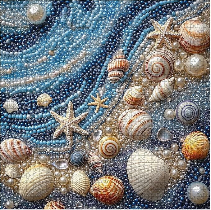 Beach 1000 Piece Puzzles for Adults, PICKFORU Mosaic Gradient Sea Jigsaw Puzzles Jewel Seashells, Challenging Hard Unique Pearl Shell Ocean Theme as House Decor