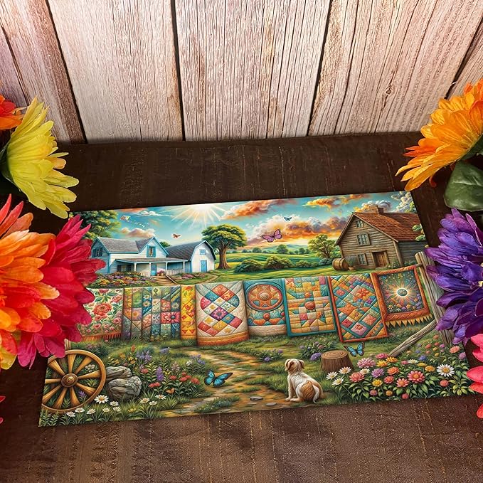 Crown Point Graphics Spirit of The Rainbow 500 Piece Puzzle, Farmhouse Quilt Art Country Scene Jigsaw, Soft Touch Texture with Poster