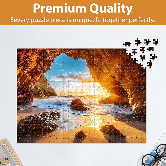 500 Pieces Puzzles for Adults Jigsaw Puzzle Beach Sea Cave Sunset Puzzle for Elderly, Recycled Paper Puzzle 500 Pieces, Art DIY Challenging Puzzle Family Game Gift for Friends, 20.5 x 15 in