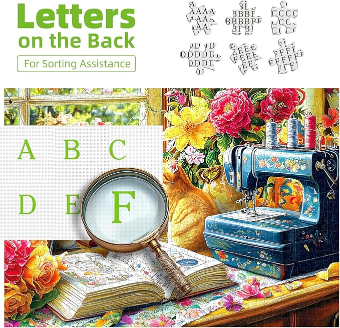 Blueforest 500 Piece Puzzle for Adults, Cozy Sewing Room Jigsaw Puzzle - Cats, Birds & Vintage Sewing Machine, 23x15 Inch Unique Shaped Pieces Art Puzzle
