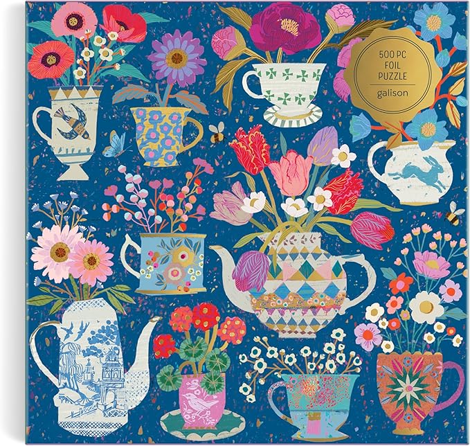 Galison Potted Teacups – 500 Piece Foil Jigsaw Puzzle Featuring Beautiful Artwork of Potted Teacups with Floral Background