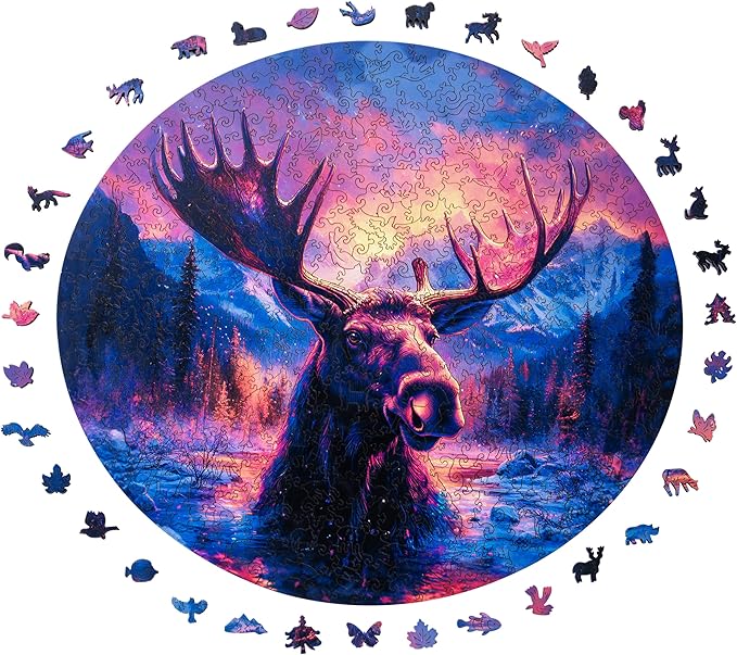 ESTROSO Magical Wooden Puzzle for Adults with Beautiful Moose Animal Design - 500 Piece Each Luxury Unique Shape Wooden Puzzle with Exquisite Wooden Box for Gift - 16.7x15.1 Inch