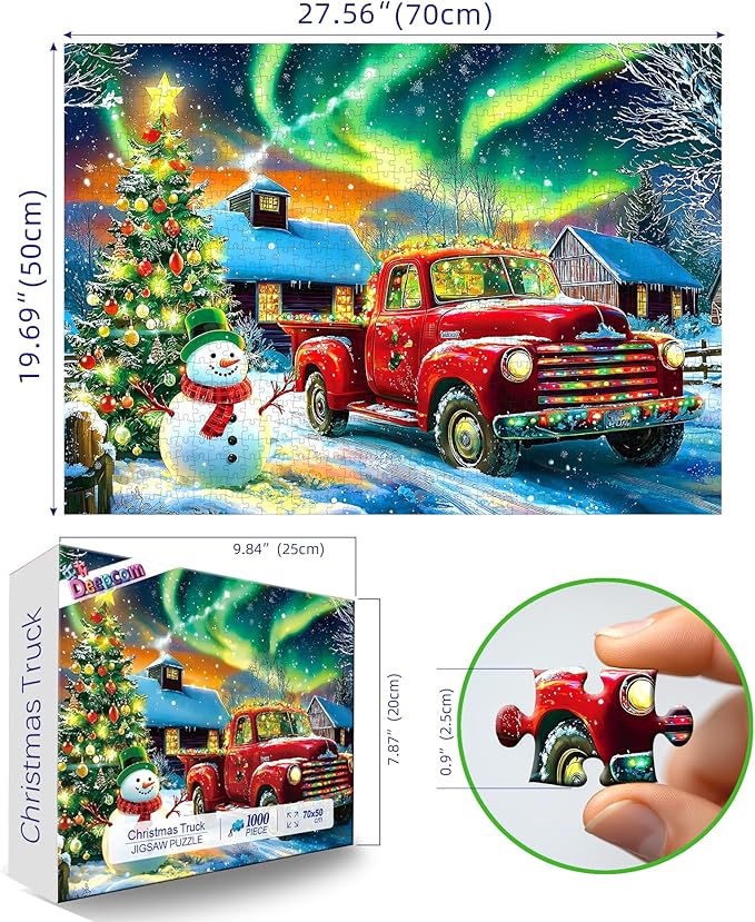 Winter Christmas Holiday Puzzle 1000 Pieces for Adults, Snowy Village Scene with Classic Red Car, Snowman, Cozy Christmas Jigsaw Puzzle for Family Gatherings