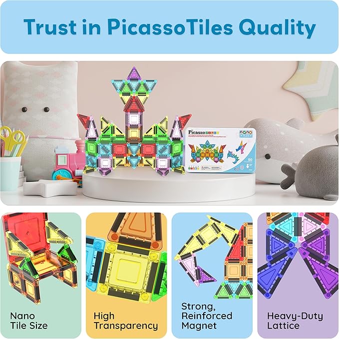 PicassoTiles 50PC Nano Magnetic Tile Travel Toy Construction Building Blocks Playset with Storage Case STEM Montessori Classroom Learning Magnet Tiles Stacking Toys for Toddlers Girls Boys Age 3+ PN02